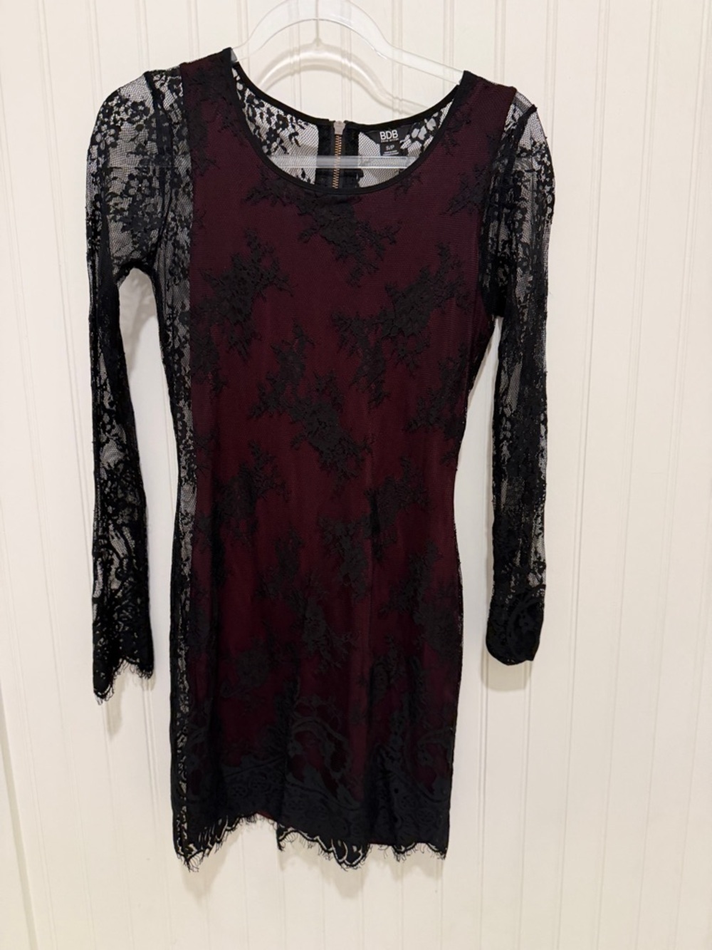 Whismigoth Burgundy Dress with Black Lace Overlay Long Sleeves Small